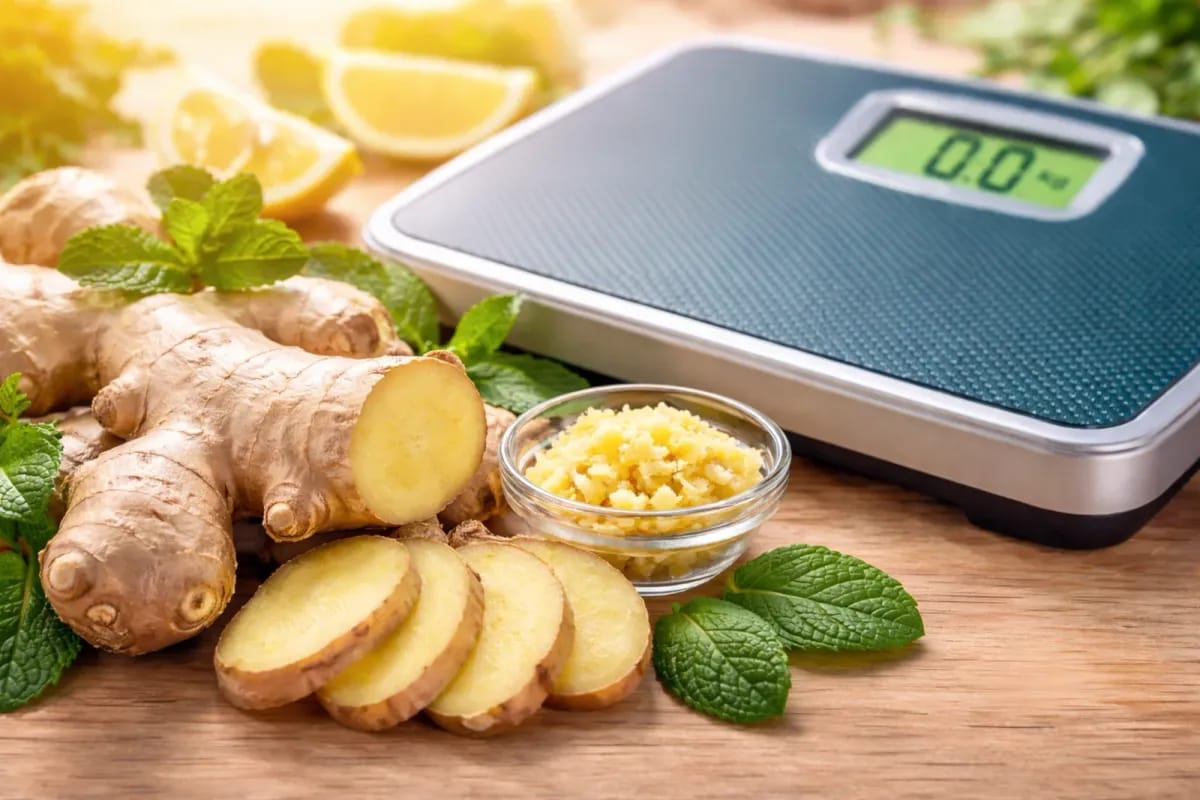 Frischer Ingwer, Minze und Zitrone liegen neben einer digitalen Waage und symbolisieren natürliche Unterstützung für Gewichtsverlust und einen gesunden Stoffwechsel.