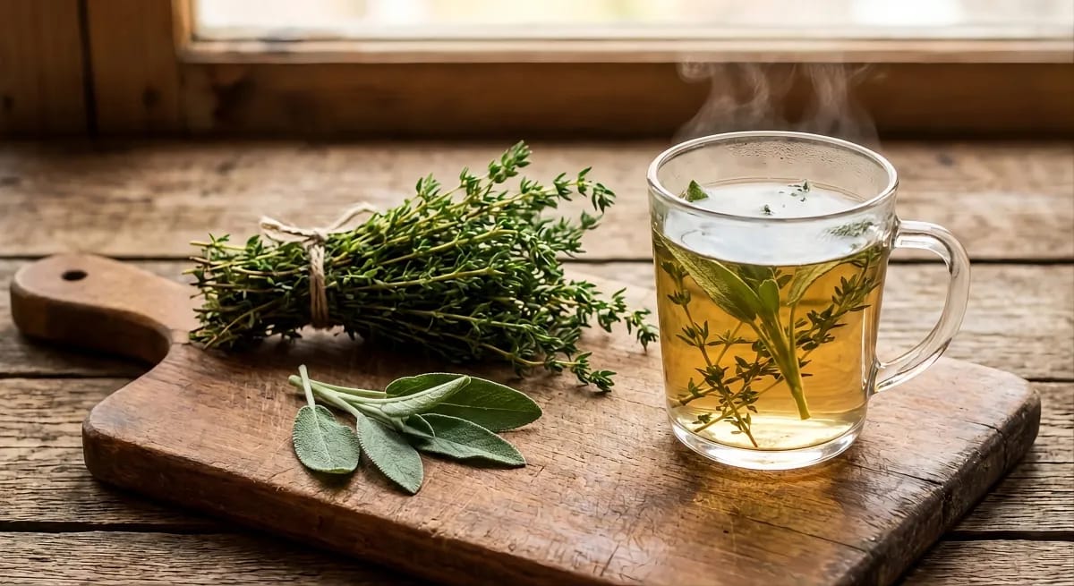 Ein dampfender Kräutertee aus frischem Thymian und Salbei steht auf einem rustikalen Holzbrett.