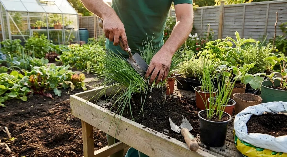Eine Person teilt frischen Schnittlauch auf einer Gartenbank um ihn zu vermehren.