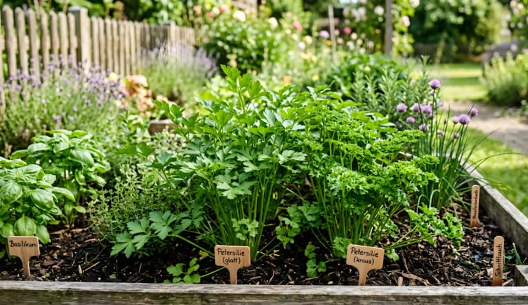 Grünes Kräuter-Hochbeet mit Basilikum, glatter und krauser Petersilie sowie Schnittlauch für frische Zutaten aus dem eigenen Garten.