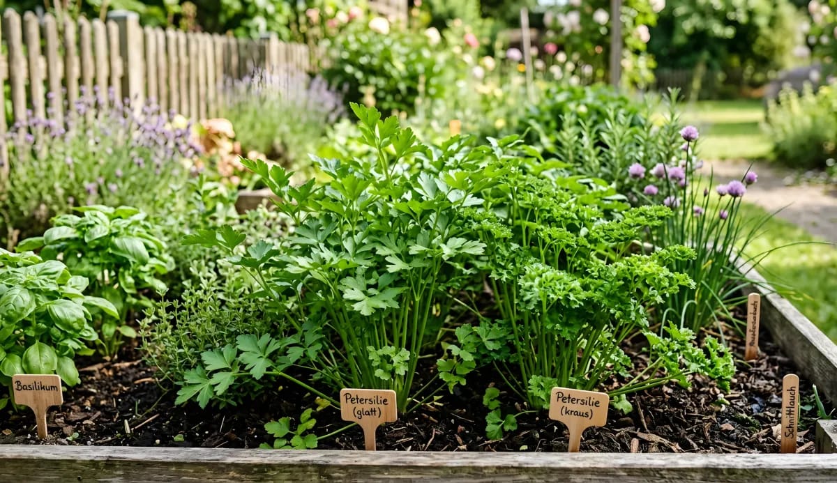 Grünes Kräuter-Hochbeet mit Basilikum, glatter und krauser Petersilie sowie Schnittlauch für frische Zutaten aus dem eigenen Garten.