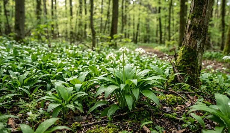 Ein frühlingshafter Wald präsentiert einen dichten Teppich aus blühendem Bärlauch mit markanten weißen Blüten und einem verschwommenen Waldweg im Hintergrund.