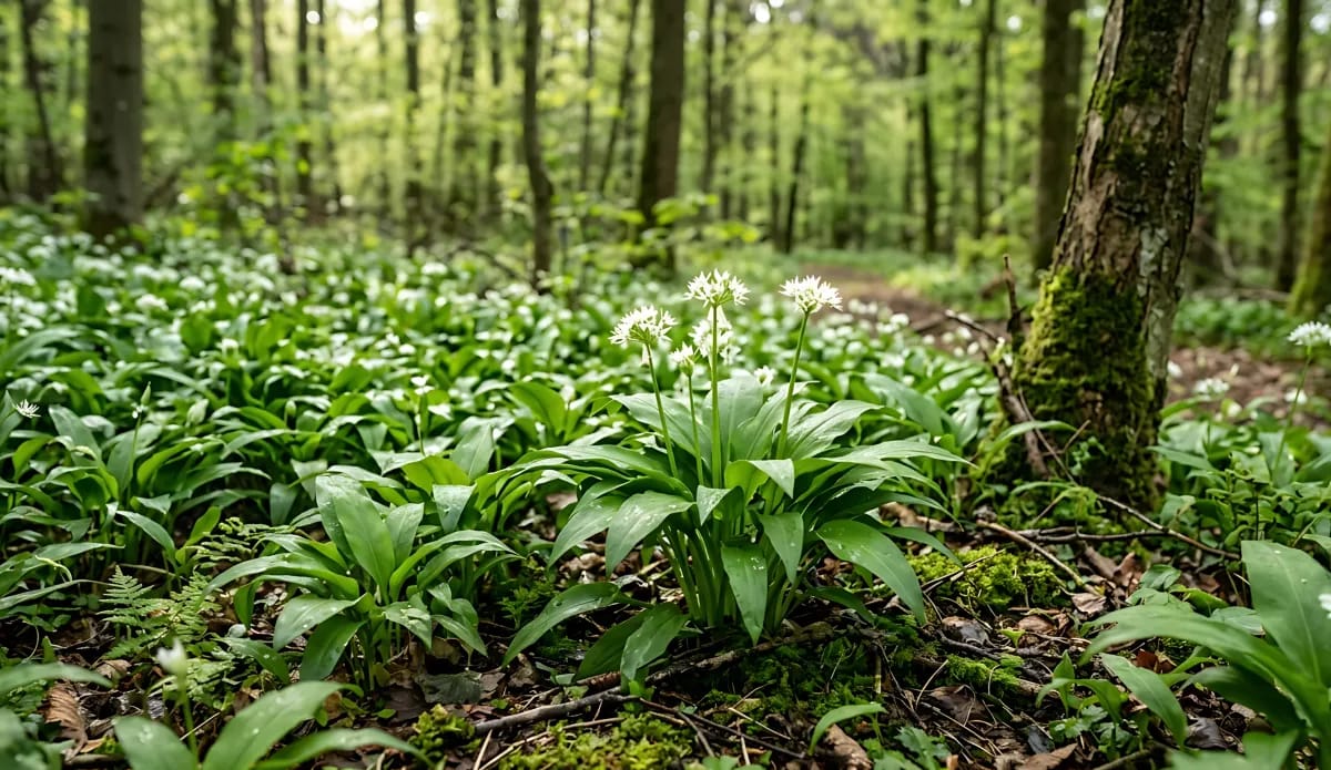 Ein frühlingshafter Wald präsentiert einen dichten Teppich aus blühendem Bärlauch mit markanten weißen Blüten und einem verschwommenen Waldweg im Hintergrund.